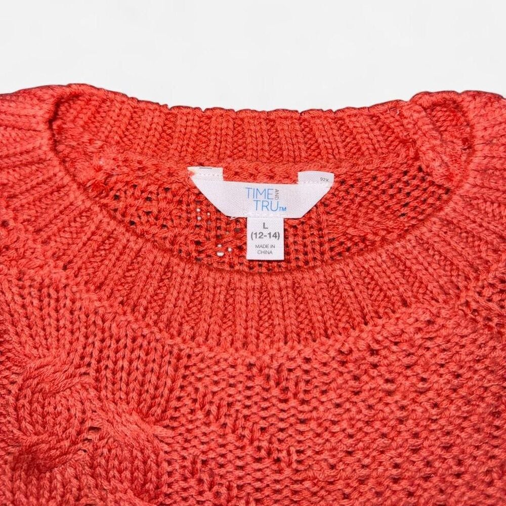 Salmon Coral Cable Knit Crewneck Sweater, Size Large - Picture 2 of 6